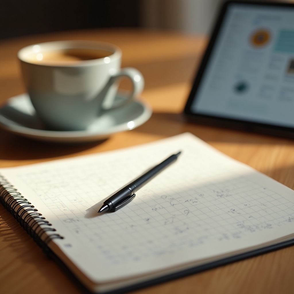 Notebook and tablet on a training room table with a pen resting beside handwritten notes