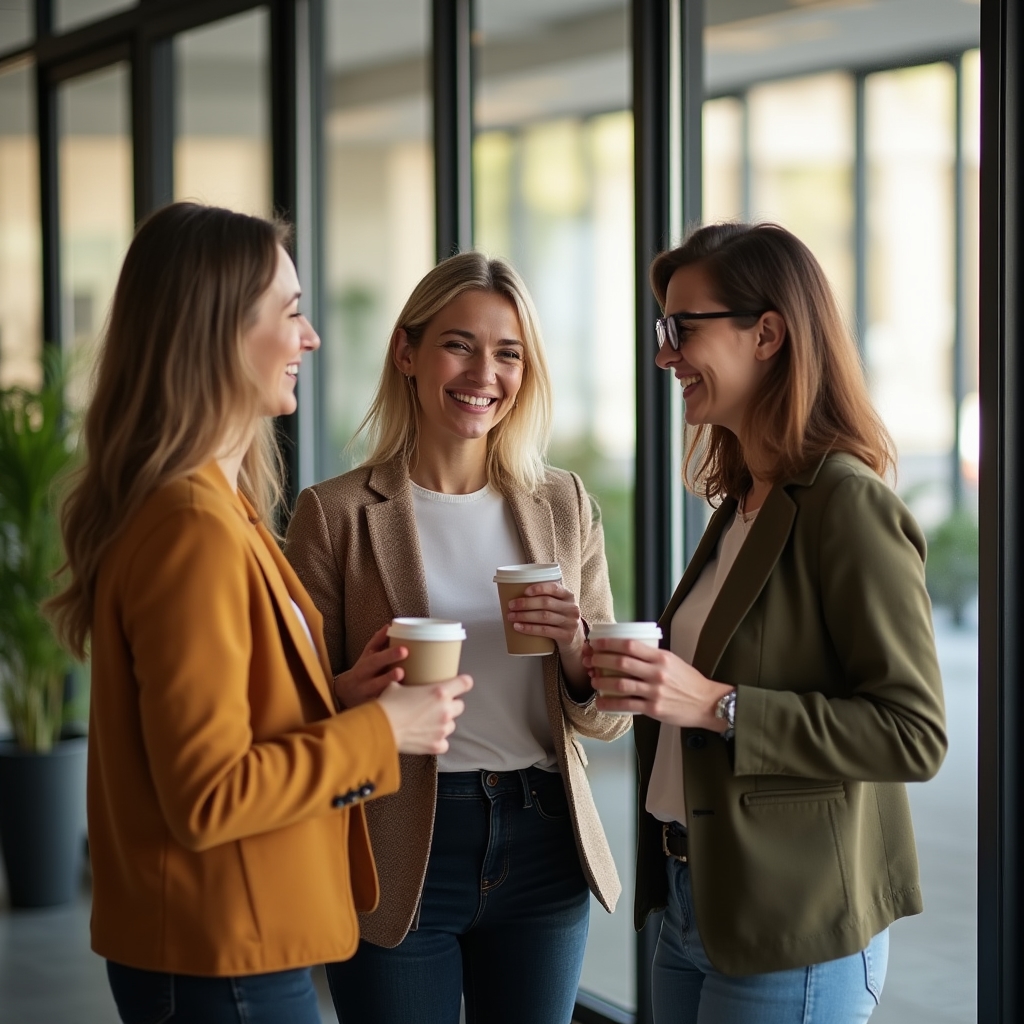 Colleagues chatting informally over coffee during a break in a training session