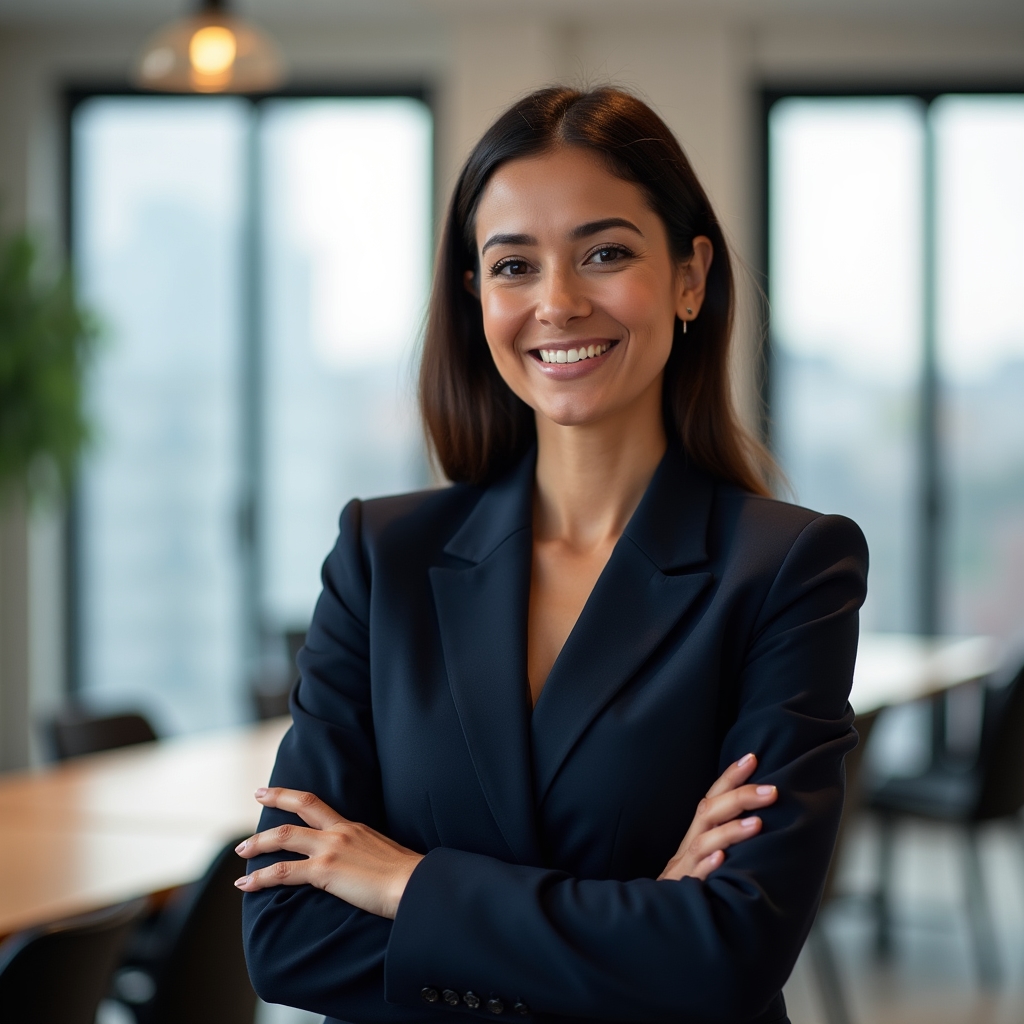 Calm training instructor standing in a bright office meeting room, hands gently gesturing while explaining a concept